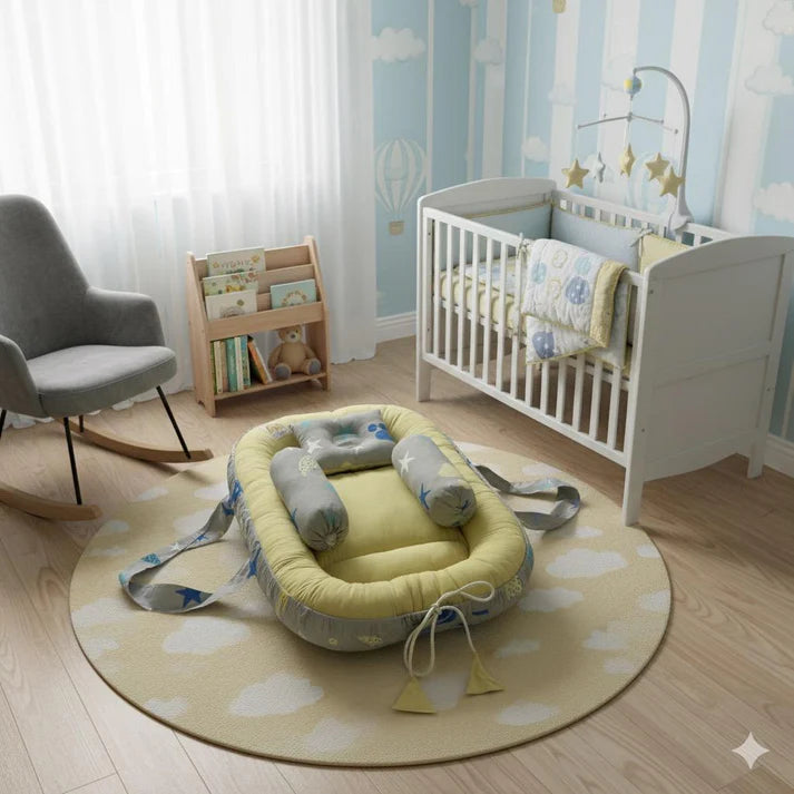 Printed Cotton Baby Nest Set – 4 Pcs | Yellow Moon & Star Design - Paidaish 