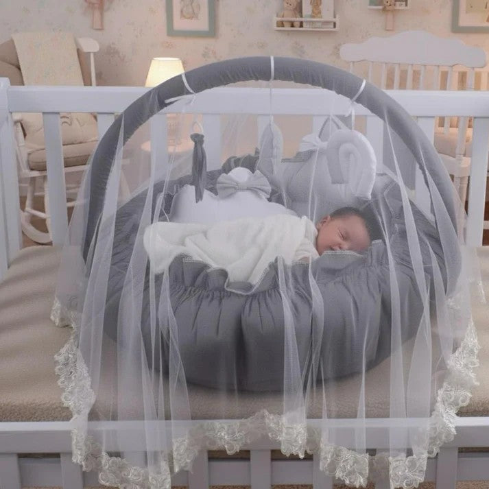 Luxury Baby Round Snuggle Bed with Pillows & Mosquito – Dark Gray