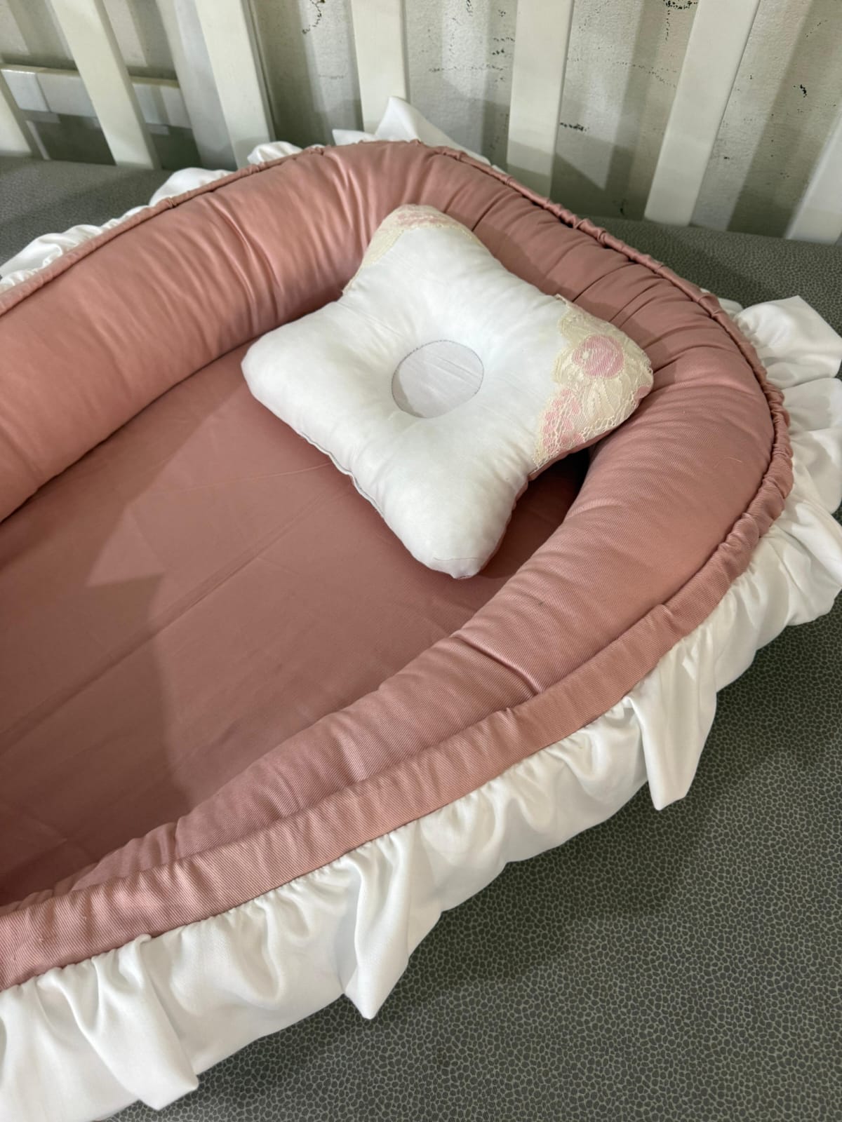 Cotton Satin Baby Snuggle Bed with Head Pillow – Sea Pink & White
