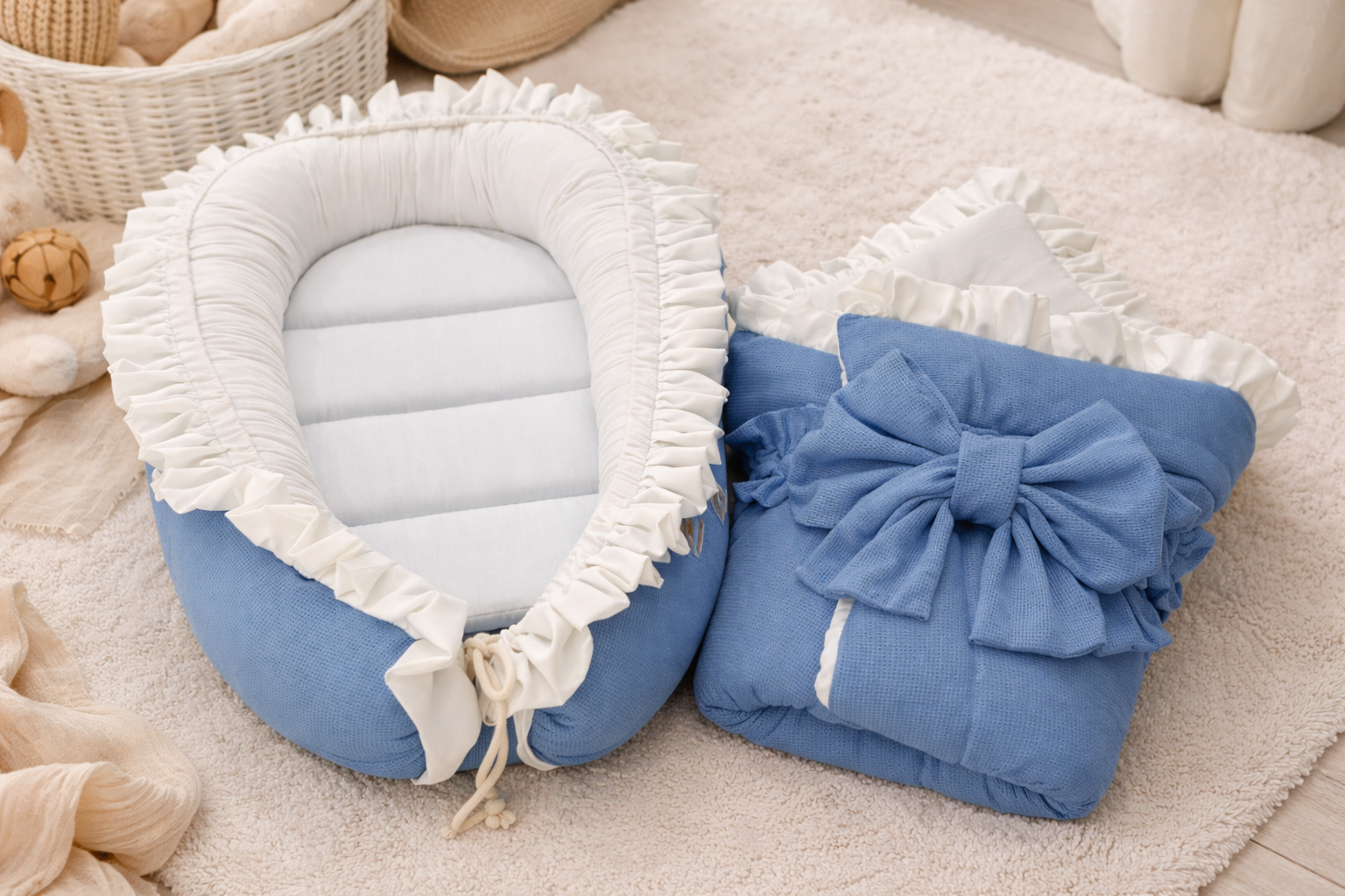 Combo – Luxury Waffle Cotton Baby Nest with Foldable Sleeping Bag – Misty Blue