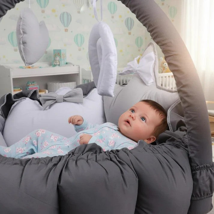 Luxury Baby Round Snuggle Bed with Pillows & Mosquito – Dark Gray
