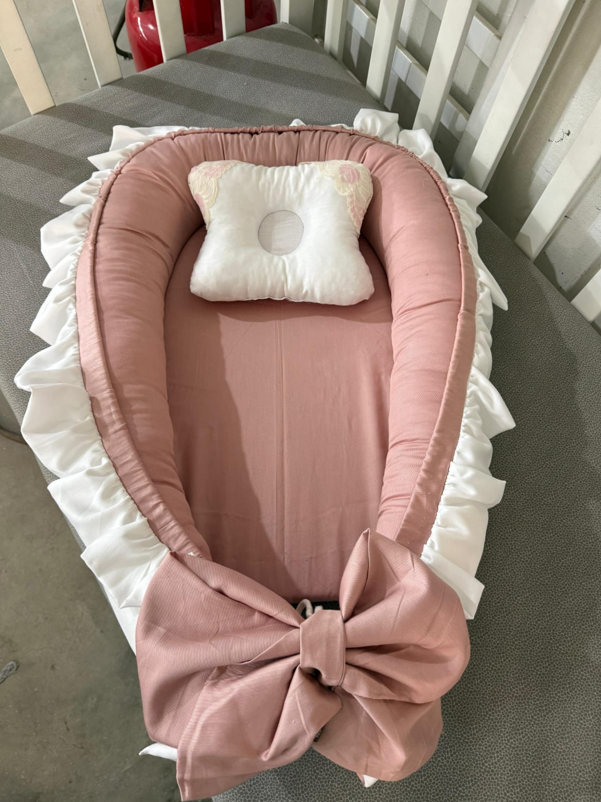 Cotton Satin Baby Snuggle Bed with Head Pillow – Sea Pink & White