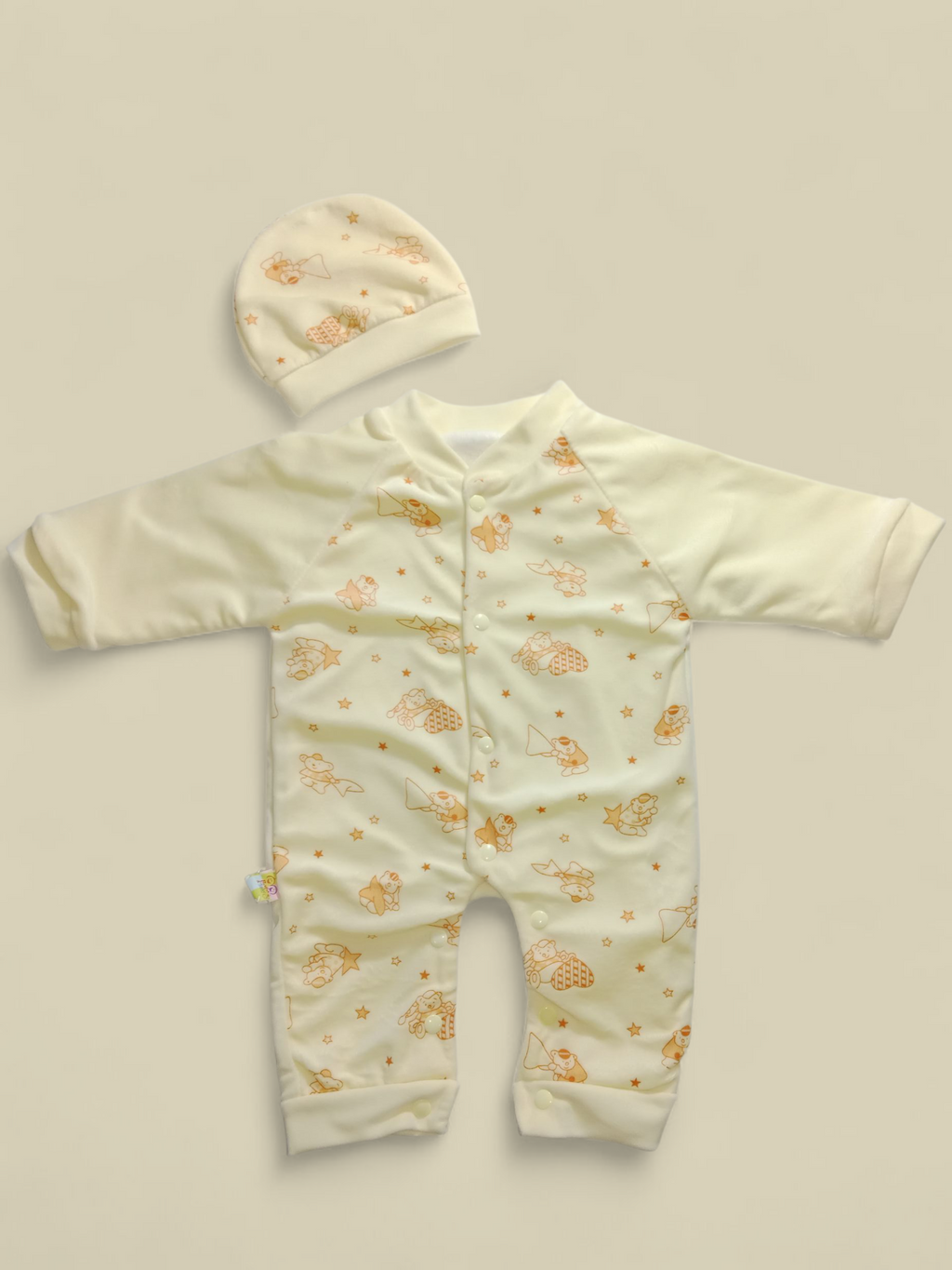 Premium Velvet Baby Romper with Cap (0–3 Months)- Yellow