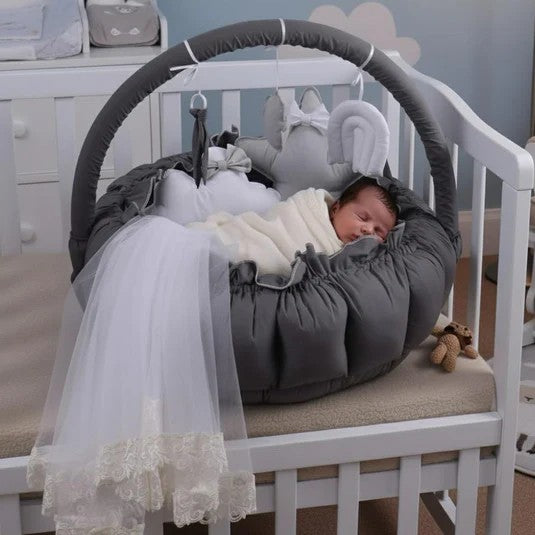 Luxury Baby Round Snuggle Bed with Pillows & Mosquito – Dark Gray