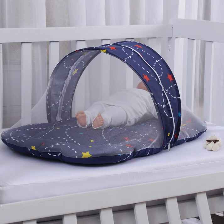 Printed Baby Mosquito Net with Pillow – Blue Star | Soft Cotton Newborn Set - Paidaish 