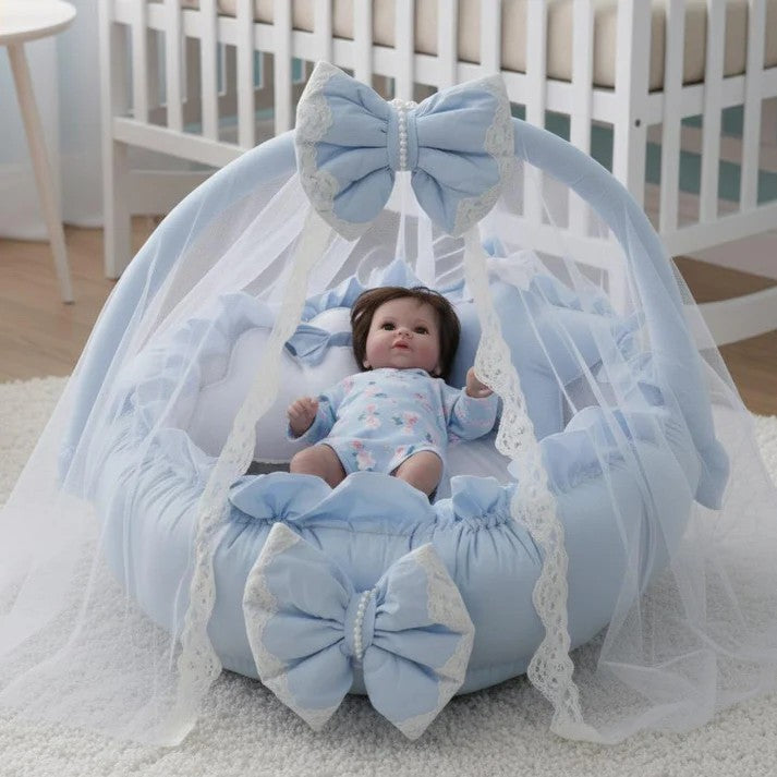 Luxury Baby Round Snuggle Bed with Pillows & Mosquito Net – Sky Blue & White