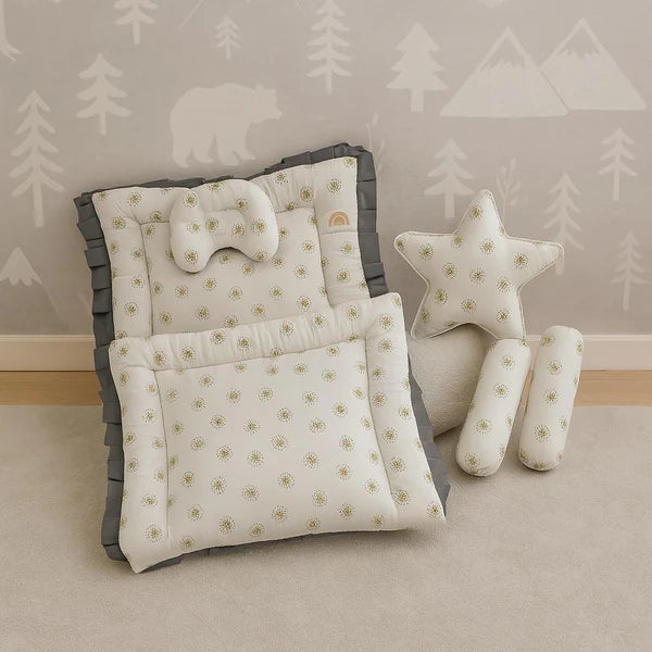 Printed Cotton Baby Bed Set – 6 Pcs | Floral Gray - Paidaish 