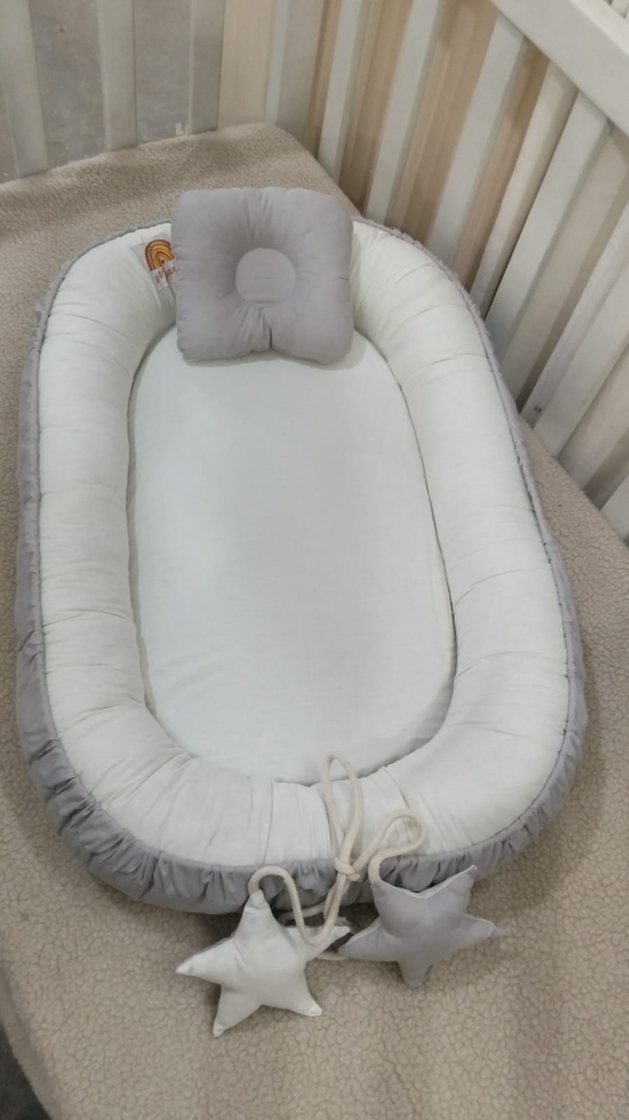Cotton Baby Snuggle Bed with Head Pillow – Off White & Light Gray