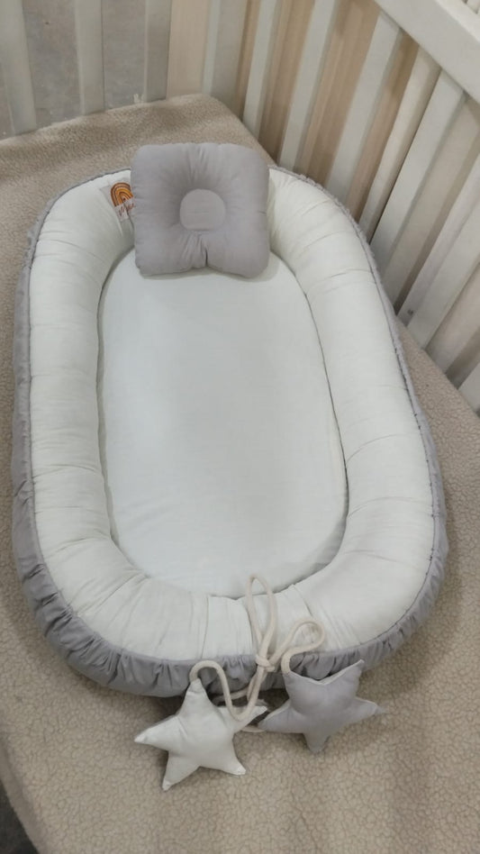 Cotton Baby Snuggle Bed with Head Pillow – Off White & Light Gray